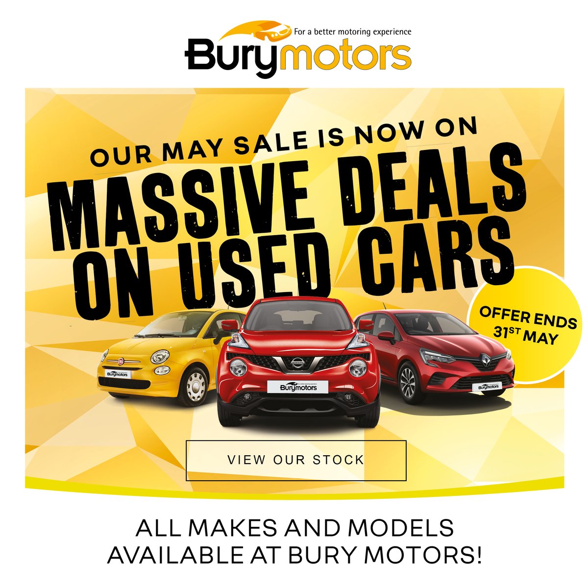 BuryMotors's tweet photo. MASSIVE DEALS ARE AVAILABLE IN OUR MAY SALE.

View our used car stock. All makes and models at Bury Motors. 
Ends 31st May. T&amp;Cs apply.

- Finance options available
- Part Exchange 
- Ready to test drive

Visit: https://t.co/kCOSQDMZf4

#motorparks #burymotors https://t.co/hVWGi03hIh