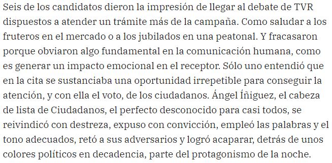 📰 Siete no debaten si seis no quieren

"Si dejamos a un margen el escenario de las ideas preconcebidas y atendemos únicamente a la calidad de la comunicación, el triunfador del debate fue Ángel Íñiguez" - Ángel M. Maestre en <a href="/lariojacom/">lariojacom</a>.

⭕️larioja.com/elecciones/aut…