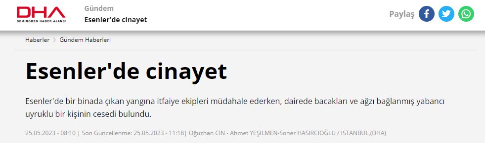 DHA, Esenler'de bir kişinin domuz bağıyla öldürüldüğünü duyurdu. Anadolu Ajansı'ysa haberi 'bir kişi ölü bulundu' diye düz geçti. Domuz bağı vs. yok haberde. DHA da az önce domuz bağını 'bacakları ve ağzı bağlanmış biri' diye değiştirdi. Ne diyelim, HÜDA-PAR etkisi mi diyelim?