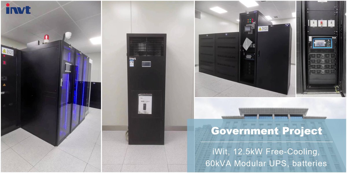 MPPTcontroller's tweet image. UPS application case that service for the #Government.
The project includes iWit Single-Row-Cabinet-#DataCenter, 12.5kW small room #PrecisionCooling, 60kVA rack-mounted #ModularOnlineUPS, lead-acid #Batteries and battery cabinet.
Try here: abby@invt.com.cn
0086 130 4943 5876