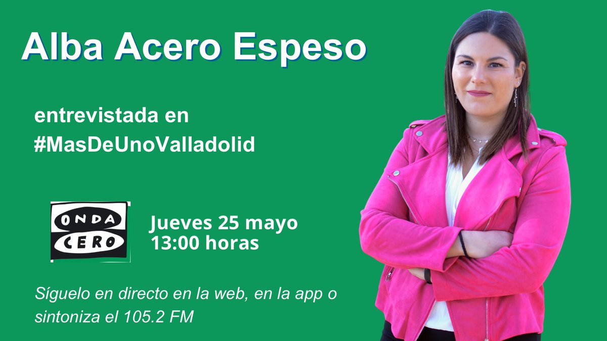 Hoy a partir de las 13:00 horas <a href="/AlbaAcero/">Alba AE</a> en #MasDeUnoValladolid <a href="/OndaCero_es/">Onda Cero</a> 

📻 Síguelo en directo en la web, en la App o sintoniza el 105.2 FM

#arroyodelaencomienda
#VotaPasiónPorArroyo ♥️
#LoQueVotasImporta
#VotaPSOE