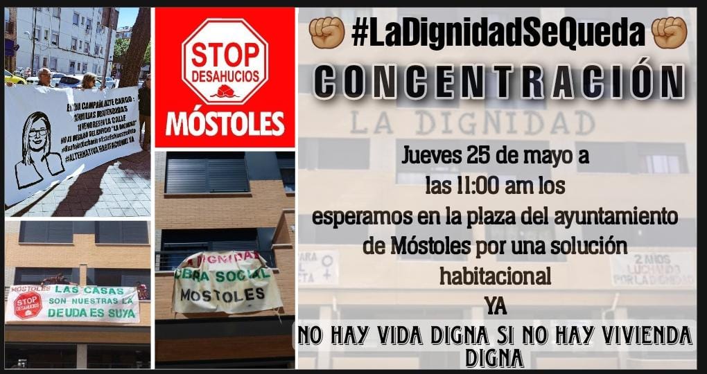 Antes de mañana por un último intento de no llegar a puerta, las compañeras de <a href="/StopDesMostoles/">Stop Desah. Móstoles</a>  y la <a href="/AlertaDesahucio/">Coordinadora de Vivienda de Madrid</a> se manifestarán en el <a href="/AytoMostoles/">Ayuntamiento de Móstoles</a> para exigir solucion para las familias de la <a href="/LADIGNIDADMST/">dignidad mostoles</a>