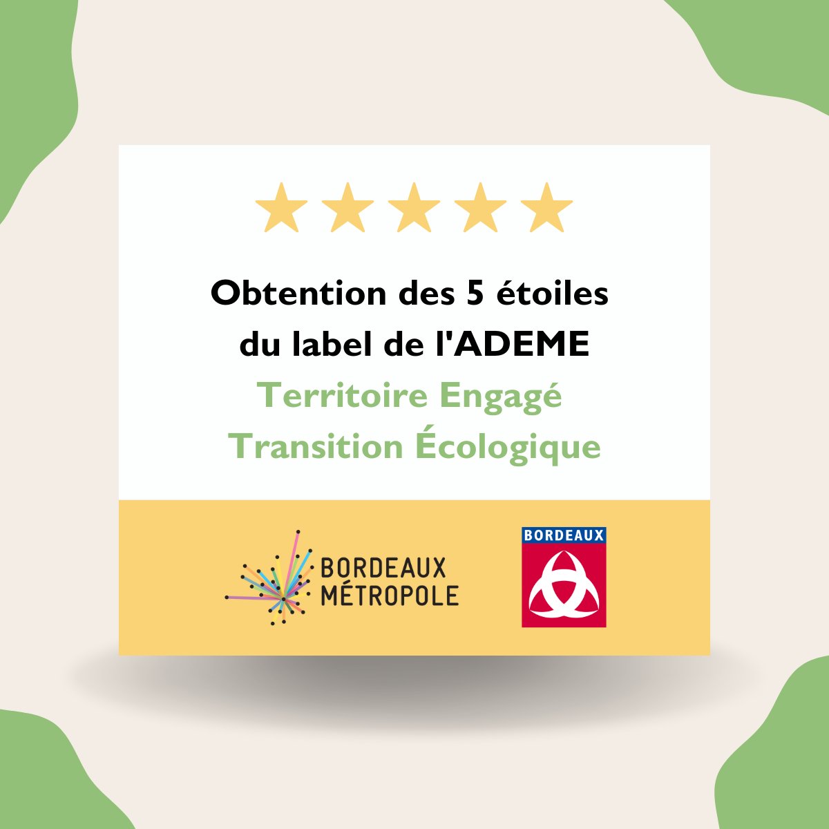 👏 5/5 étoiles du label de l’<a href="/ademe/">ADEME</a> pour <a href="/Bordeaux/">Bordeaux</a> et <a href="/BxMetro/">Bordeaux Métropole</a> !
Nous progressons ensemble et passons de 3⭐️ en 2012 à 5⭐️ en 2023.
➡️ Récompense des nets progrès réalisés ces dernières années sur les questions climat-air-énergie.