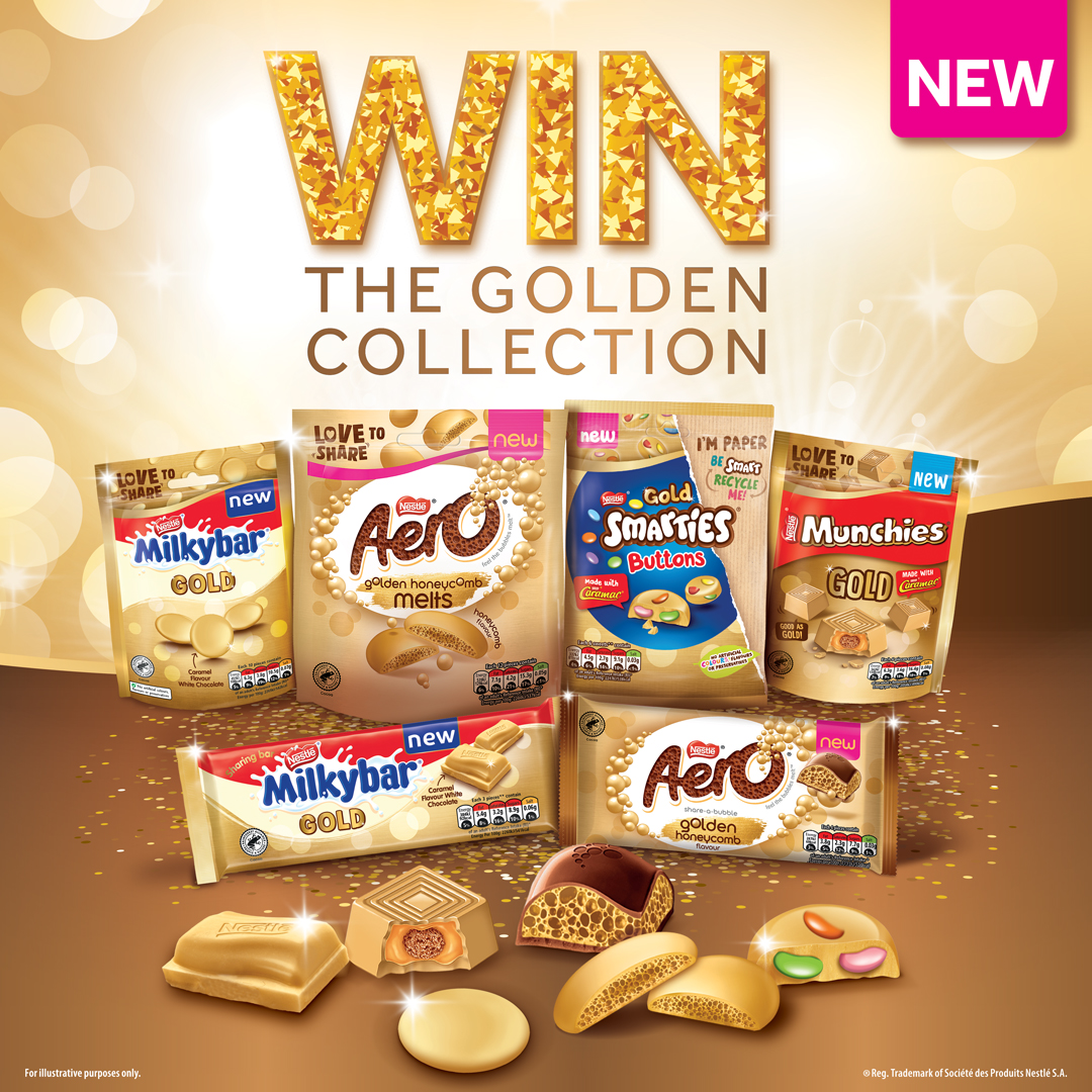 Aero's tweet image. 📣 With all this talk of gold, we’re giving you the chance to #WIN our NEW #GoldenCollection range! 📣 To enter:
 
RETWEET this post
FOLLOW @aerochocolateuki, @smartiesuki and @milkybaruki
UK 18+ 1 entry/person/brand account. Ends 23:59 on 29/05 T&amp;amp;Cs apply nes.tl/gold-twitter-p…