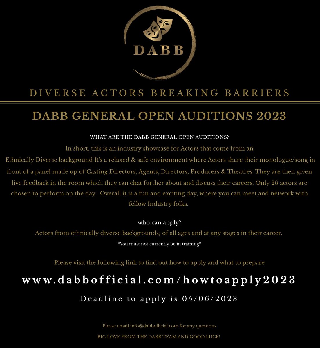 DABB (@dabbofficial_) on Twitter photo DABB GENERAL OPEN AUDITION 2023
Submission are now open until 05/06/23 via <a href="/FlairBoxCo/">FlairBox.co</a>
Please visit dabbofficial.com/howtoapply2023
Read carefully & please share 💙
Thanks to our friends at <a href="/swkplay/">Southwark Playhouse</a> for hosting us for a 5th year. DABB GENERAL OPEN AUDITION 2023
Submission are now open until 05/06/23 via <a href="/FlairBoxCo/">FlairBox.co</a>
Please visit dabbofficial.com/howtoapply2023
Read carefully & please share 💙
Thanks to our friends at <a href="/swkplay/">Southwark Playhouse</a> for hosting us for a 5th year.