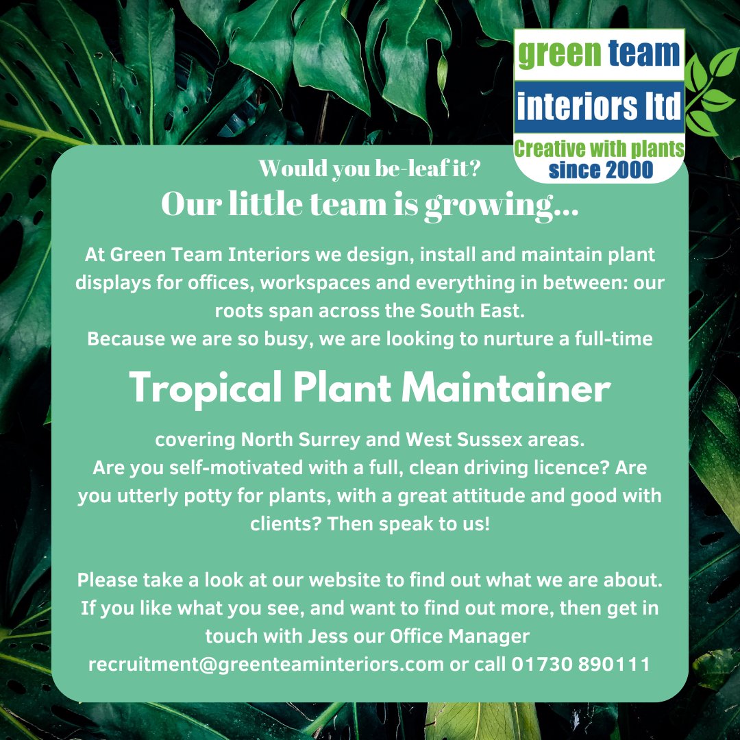Join our team! 
We are looking for a Tropical Plant Maintainer to join Green Team Interiors! 
#surreyjobs #westsussexjobs #hiring #plantlovers
