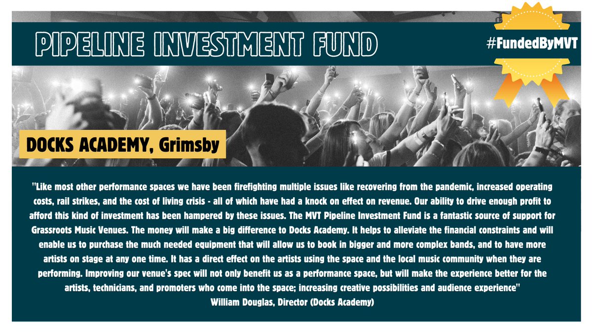 Docks Academy has been awarded funding from  Music Venue Trust's Pipeline Investment Fund and we are going to use it to make venue improvements to our sound and lighting. We extend our thanks to @musicvenuetrust and its support for UK-based Grassroots Music Venues

#FundedByMVT
