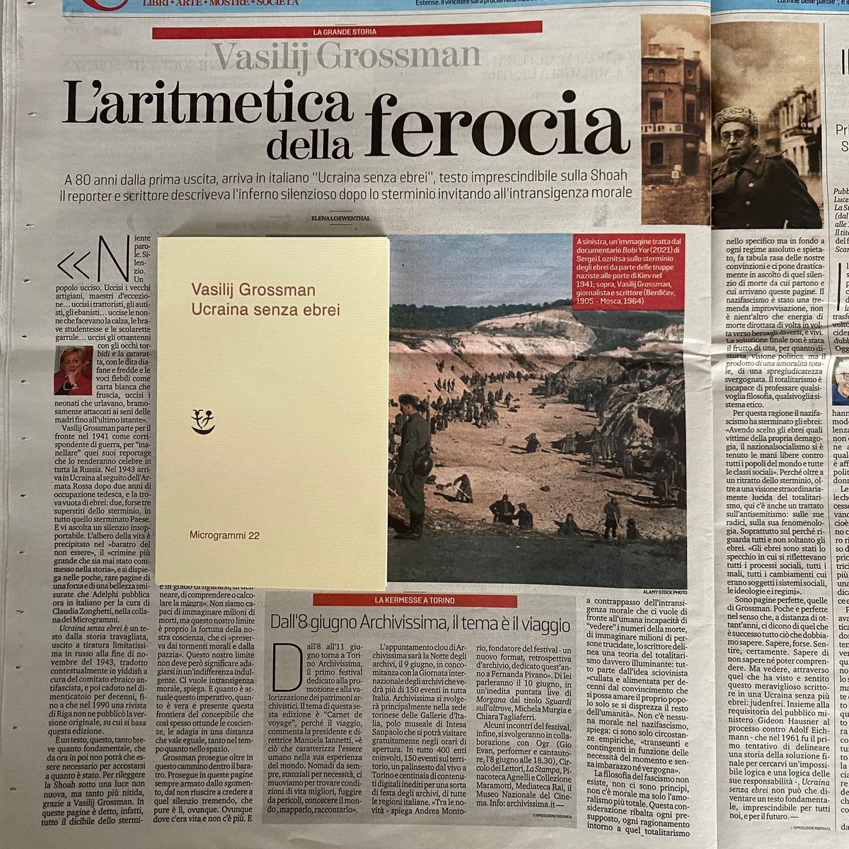 «Nel 1943 Grossman arriva in Ucraina al seguito dell'Armata Rossa dopo due anni di occupazione tedesca, e la trova vuota di ebrei: due, forse tre superstiti dello sterminio, in tutto quello sterminato Paese».

Ucraina senza ebrei, tradotto da Claudia Zonghetti, su <a href="/LaStampa/">La Stampa</a>.
