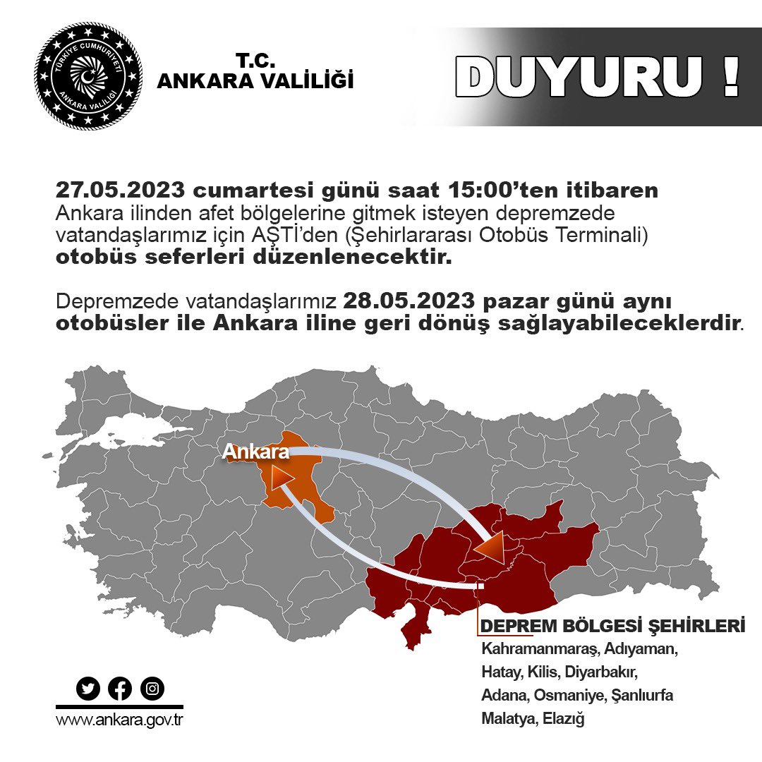 Ankara’dan afet bölgesi illerimize gitmek isteyen vatandaşlarımızın dikkatine…
                                ⤵️