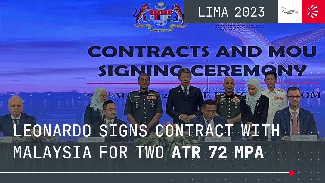 LDO_Aeronautics's tweet image. 🔴#LDO_PR Today, at @2023LIMA the @MINDEFMalaysia signed a contract with #Leonardo to supply two #ATR72 MPA (Maritime Patrol Aircraft) platforms lnrdo.co/45mSrcy