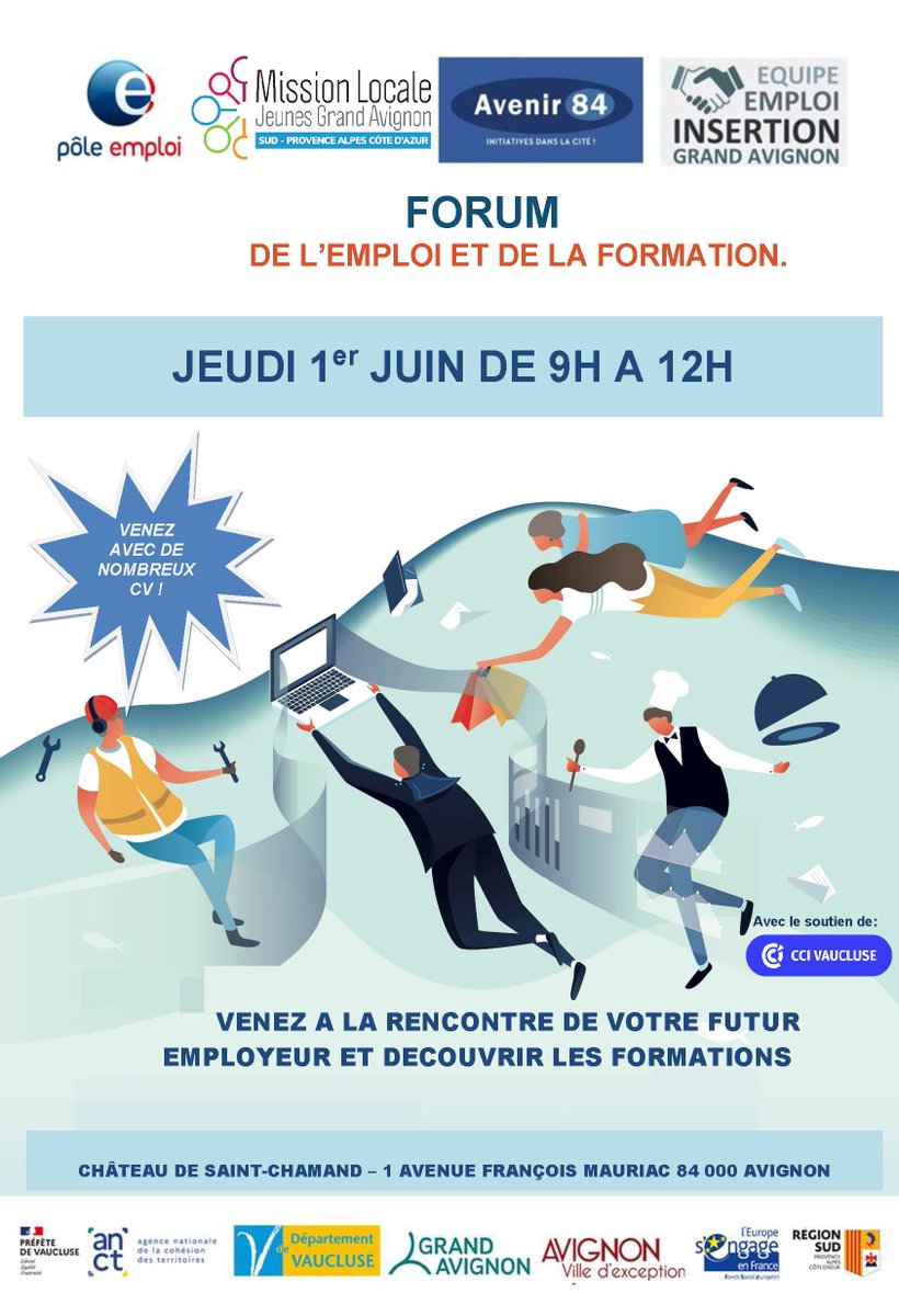 L'Équipe Emploi Insertion composée de <a href="/mlgrdavignon/">Mission Locale Jeunes Grand-Avignon</a>, d'<a href="/Avenir84Avignon/">Avenir 84</a>  et de @PoleEmploi84  poursuit son tour "2023' en se rendant dans les quartiers sud.
Rdv jeudi 1er juin de 9H à 12H au:  

Château de St Chamand.
3 avenue François Mauriac
84000 AVIGNON.

avec plusieurs CV !