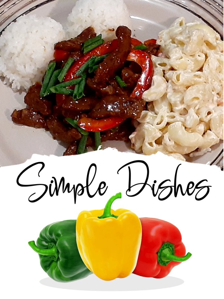 Another dish with what's in the fridge. Simple dishes. Chopped steak with red peppers sprinkled with green onions as garnish from the yard and mac salad. #mealsonabudget #quickeats