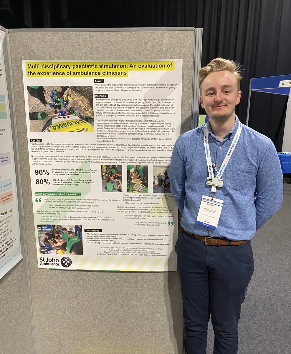Thrilled to be at #RCPCH23 today presenting our poster on how we build the confidence of @stjohnambulance clinicians in treating and communicating with children and young people through the use of simulation! @Dr_Hannah87 @CharlieWard5 @DrRJWebb #AskMe