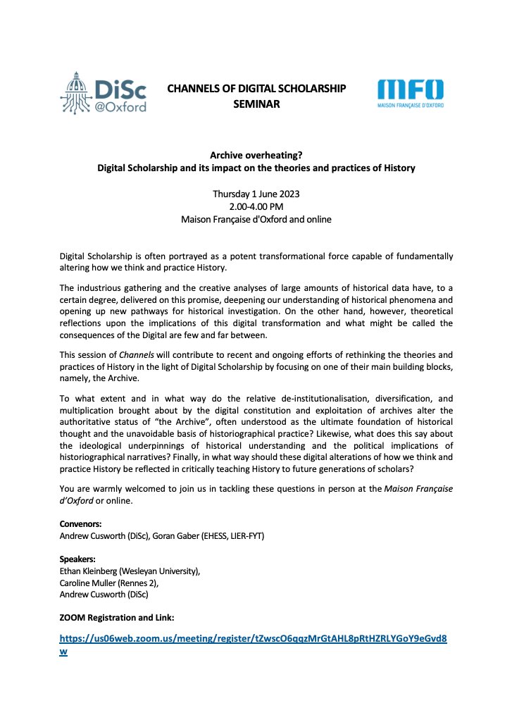 Goran Gaber (@gorangaber) on Twitter photo The Channels of Digital Scholarship Seminar continues next Thursday!
Join for an exciting discussion with <a href="/ekleinberg/">Ethan Kleinberg</a>, <a href="/caro_ligne/">Anaïs Summer</a> & <a href="/andrewcusworth/">Andrew Cusworth</a> on what happens to History when "Archives go Digital".
More info & registration: mfo.web.ox.ac.uk/event/channels…
#digitalhistory #dh The Channels of Digital Scholarship Seminar continues next Thursday!
Join for an exciting discussion with <a href="/ekleinberg/">Ethan Kleinberg</a>, <a href="/caro_ligne/">Anaïs Summer</a> & <a href="/andrewcusworth/">Andrew Cusworth</a> on what happens to History when "Archives go Digital".
More info & registration: mfo.web.ox.ac.uk/event/channels…
#digitalhistory #dh