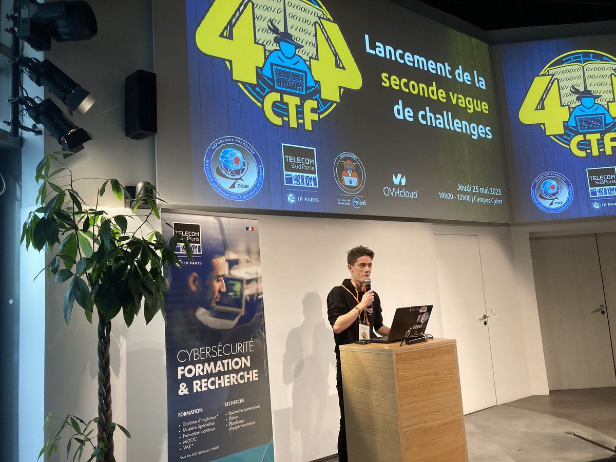 [#404CTF] 🚀 Lancement de la 2de vague de challenges du 404CTF 2023 #DGSE <a href="/TelecomSudParis/">Télécom SudParis</a> <a href="/hackademint/">HackademINT</a> <a href="/OVHcloud_FR/">OVHcloud France</a> <a href="/VivaTech/">Viva Technology</a> depuis le <a href="/CampusCyberFr/">Campus Cyber</a>. 

<a href="/IMTFrance/">Institut Mines-Télécom (IMT)</a> <a href="/IP_Paris_/">Institut Polytechnique de Paris</a> <a href="/MinetTMSP/">MiNET</a> <a href="/EvrySenartScIn/">EvrySénartScInnov</a> <a href="/talentsdunum/">Talents du numérique</a> @cloudgravity 

#cybersecurite