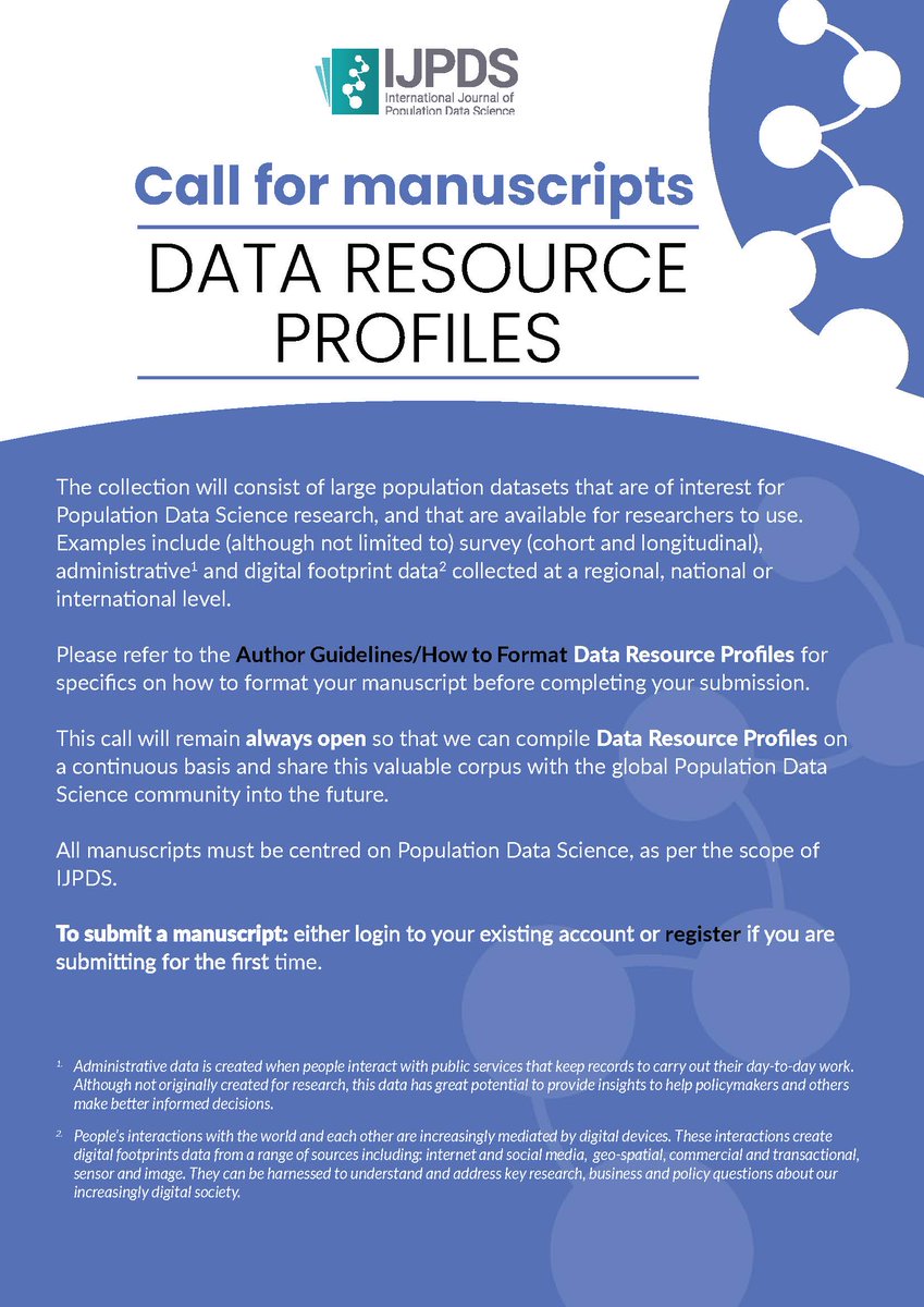 If you have a large population dataset that's available to other researchers to use, you can publish the details in the IJPDS, Data Resource Profiles special collection. ijpds.org/calls/data-res… #cohortdata #callforpapers #datalinkage #surveydata #admindata #digitalfootprintdata