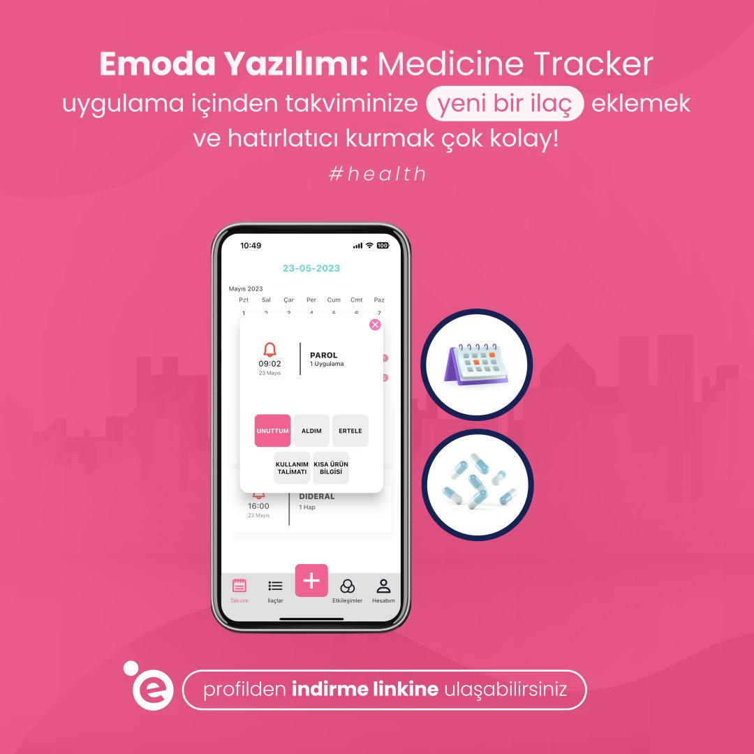 MedicineTracker ile uygulama içinden takviminize yeni bir ilaç eklemek ve hatırlatıcı kurmak çok kolay!

İndirme Linki: linktr.ee/emodasoftware

#emodasoftware #emoda #emodayazılım #ilaç #hatırlatıcı