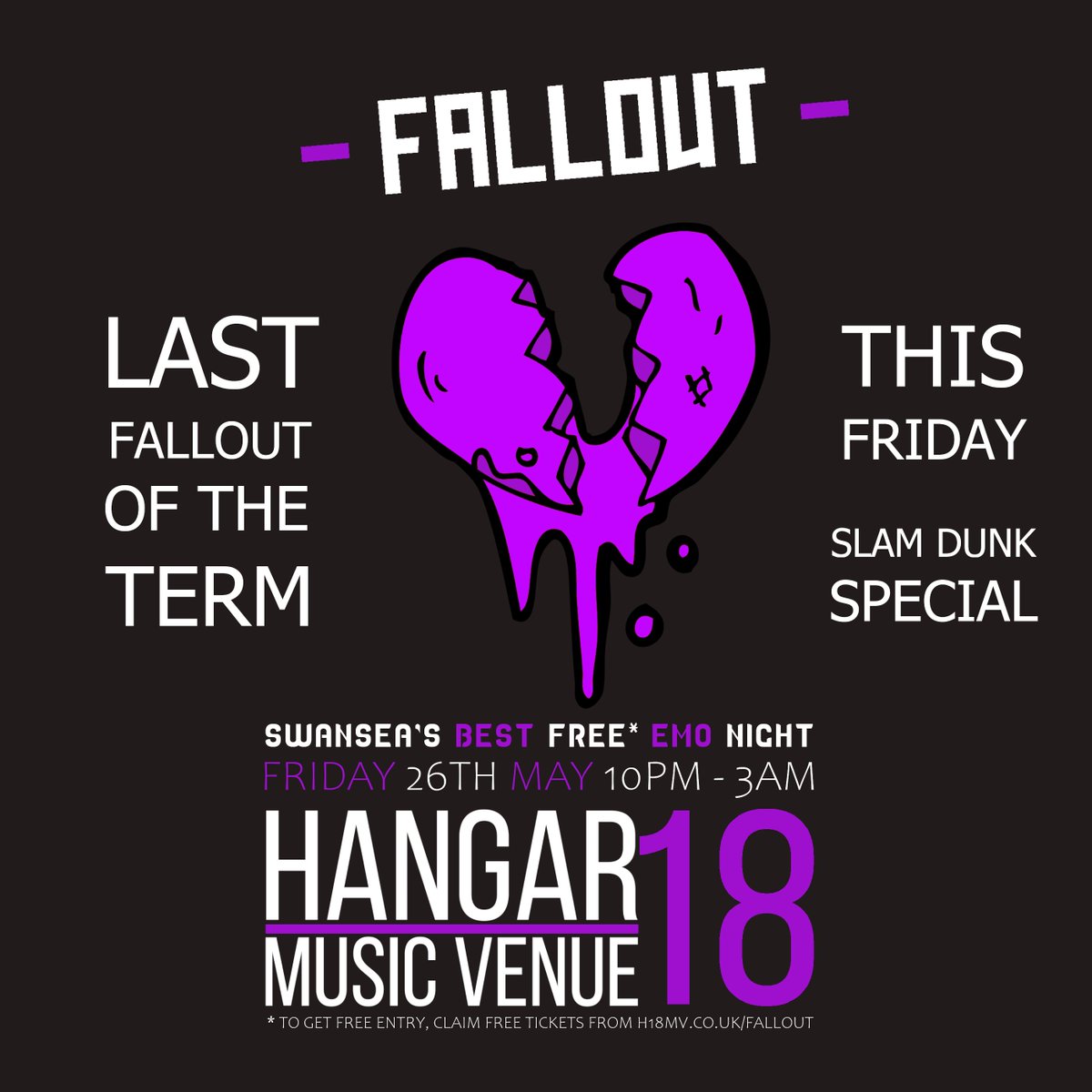 This Friday at Hangar 18 Music Venue - It's the last Fallout Emo Night of the student term!!!

Free tickets are available from h18mv.co.uk/Fallout - Snap yours up now!