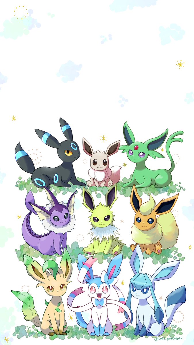 eevee ,espeon ,glaceon ,leafeon ,sylveon ,umbreon ,vaporeon no humans pokemon (creature) closed mouth smile looking at viewer purple eyes brown eyes  illustration images