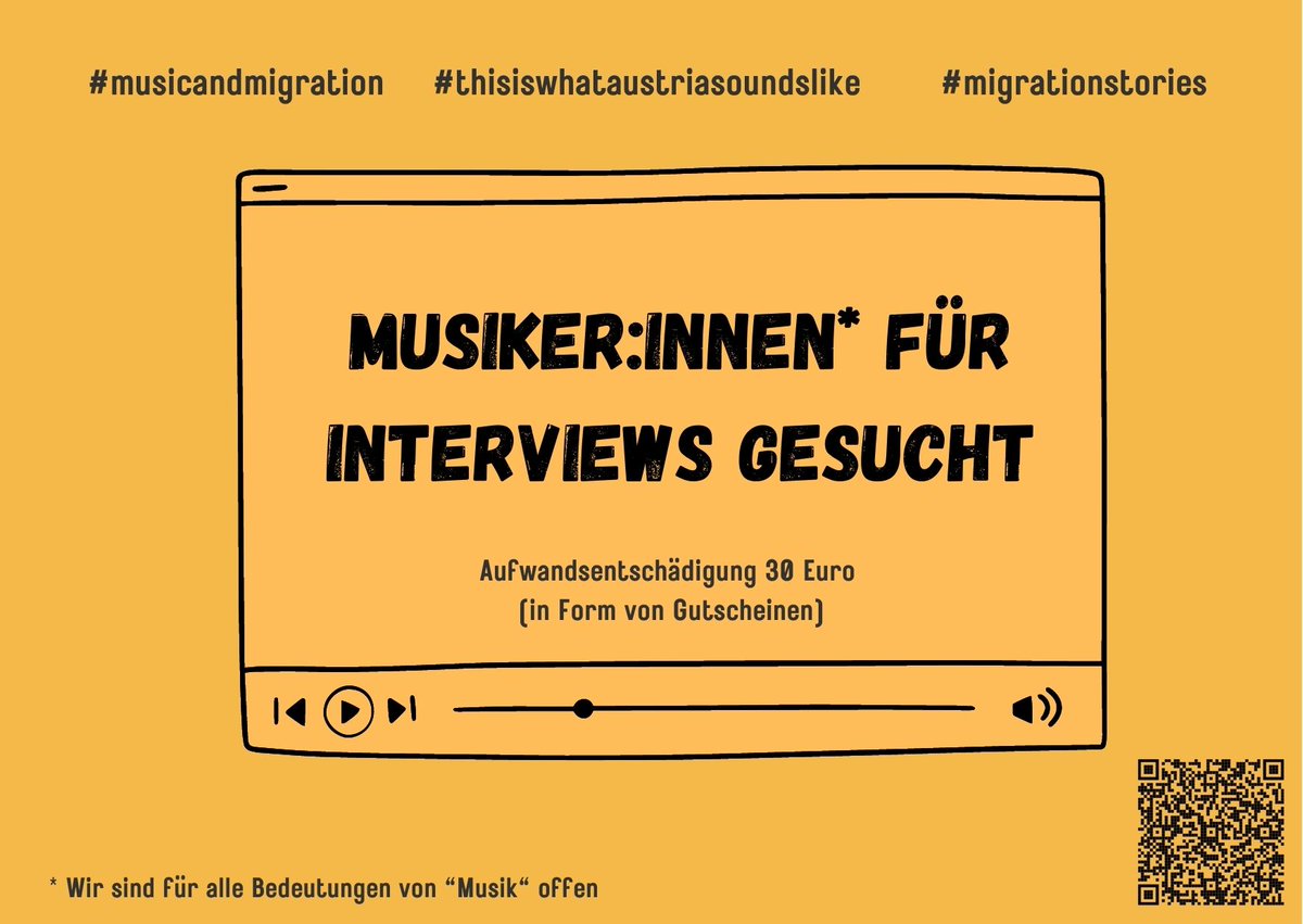 Du bist zwischen 2015 und 2020 nach Österreich migriert? Du bist aktuell musikalisch aktiv? Dann suchen wir dich!
Alle Infos: mdw.ac.at/musicandminori…

#OpenCall #Interviews #Forschungsprojekt #Vienna