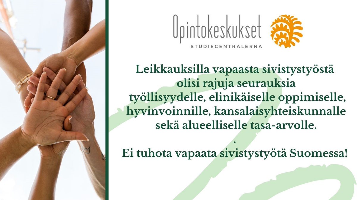 #hallitusneuvottelut esitetyn #vapaasivistystyö rahoituksen leikkaamisella olisi rajuja seurauksia työllisyydelle, elinikäiselle oppimiselle, hyvinvoinnille, kansalaisyhteiskunnalle sekä alueelliselle tasa-arvolle. Kannanottomme: ow.ly/En4v50OwigH
#opintokeskukset