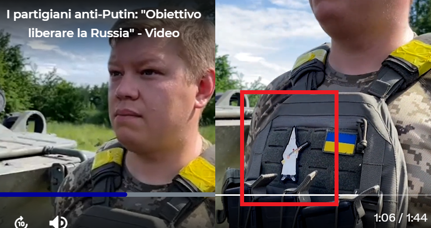 Voxkomm's tweet photo. RAI (🇮🇹 public tv) referred to the pro-🇺🇦 neo-Nazis of the Russian Volunteer Corps as "partisans". This term in 🇮🇹 is uniquely associated with anti-fascist resistance against Mussolini's regime. The video shows Alexander Skachkov with a Ku Klux Klan patch.
https://t.co/Qh345Q7p9p https://t.co/9VC03JMFfO