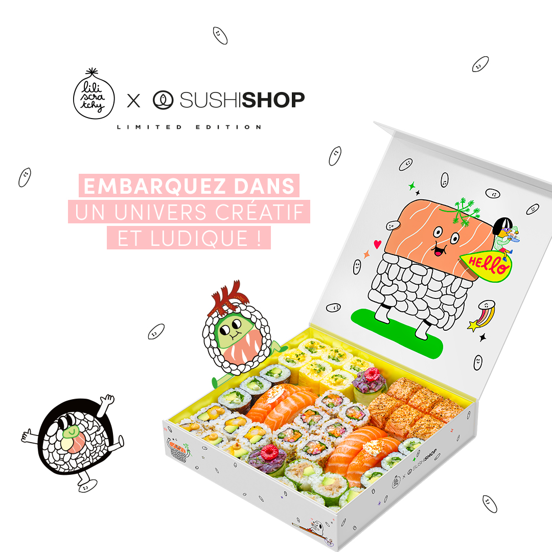 SUSHI SHOP x LILI SCRATCHY 🎨 
Embarquez dans un univers créatif et ludique, où chaque bouchée est une œuvre d'art culinaire, inspirée des dessins colorés et pop de l'illustratrice Lili Scratchy. 🌈 #SushiShop