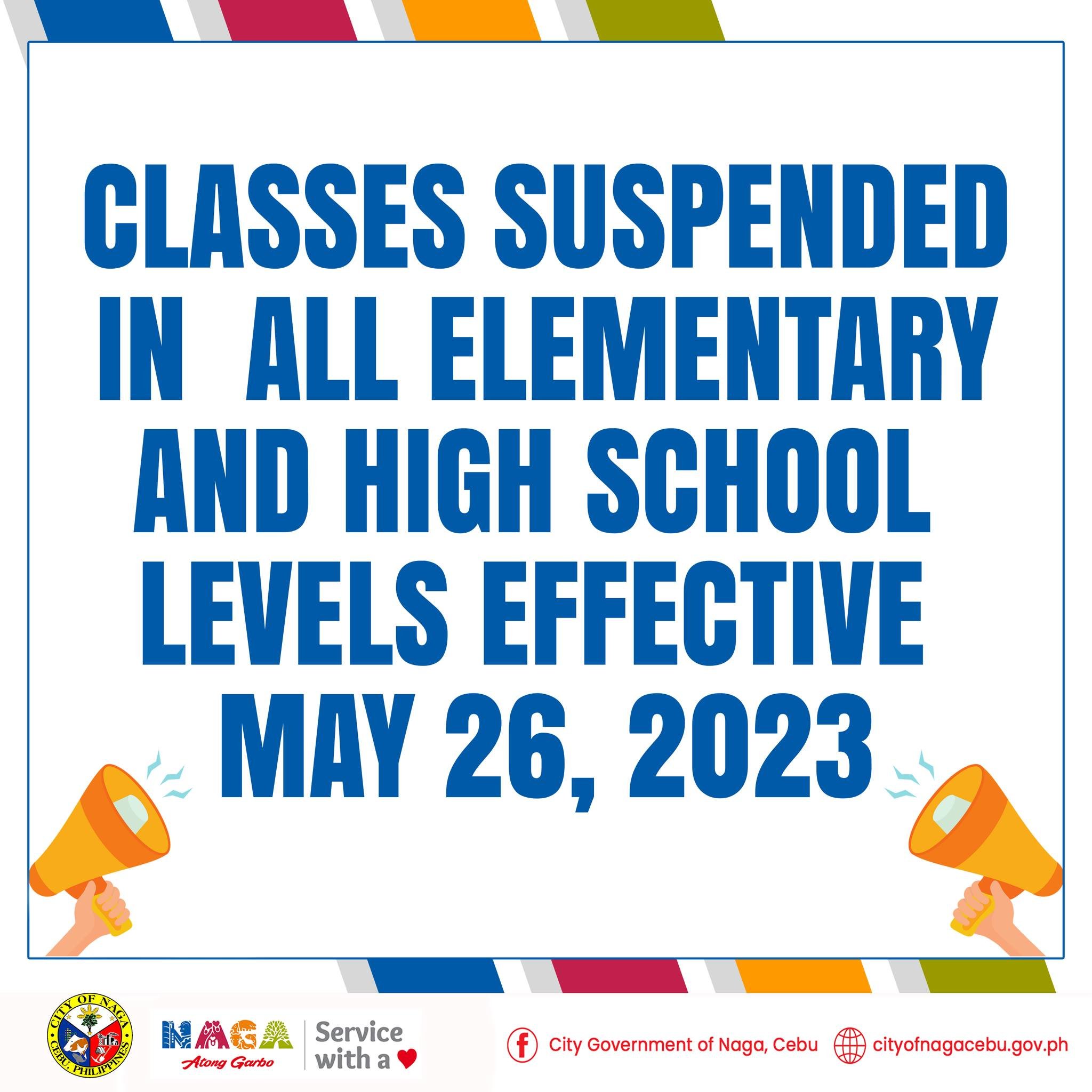 ABS-CBN News on X: Naga, Cebu LGU suspended classes on May 26, 2023, from  elementary to high school upon recommendation of CDRRMC due to super  typhoon Mawar. #WalangPasok