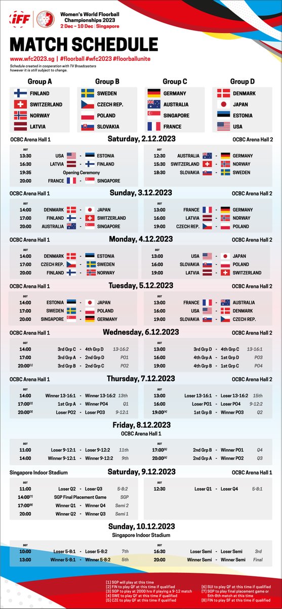 IFF_Floorball's tweet photo. WFC 2023 MATCH SCHEDULE HAS BEEN PUBLISHED! 🎉 

And early bird ticket sales start tomorrow 🎫 Read more on https://t.co/tBAW9t0YmF  👀 

#floorball #wfc2023 #floorballunite @iffwfc https://t.co/CcZkk3OIHL