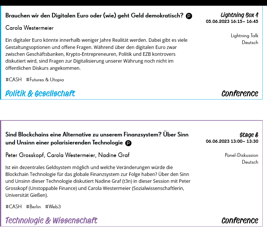 C__West's tweet photo. Ich freue mich sehr auf die @republica zum Thema Cash! 
Am 5.6. gehe ich mit @eFin_Diskurs der Frage nach, "Brauchen wir den Digitalen Euro oder (wie) geht Geld demokratisch?" 
Am 6.6. im Panel mit @peterlih &amp; @nagraefin, "Blockchains eine Alternative zu unserem Finanzsystem" https://t.co/qxKAXCWhcO