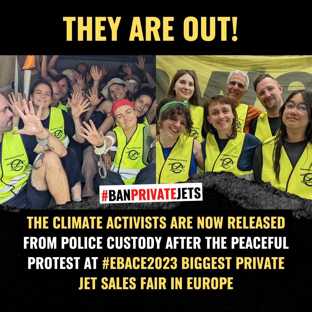 UPDATE: After more than 24 hours 103 climate activists have been released from police custody for taking direct peaceful #ClimateAction to confront and disrupt #EBACE2023 the biggest private jet sales event in Europe.

1/3

#BanPrivateJets 

greenpeace.org/banprivatejets