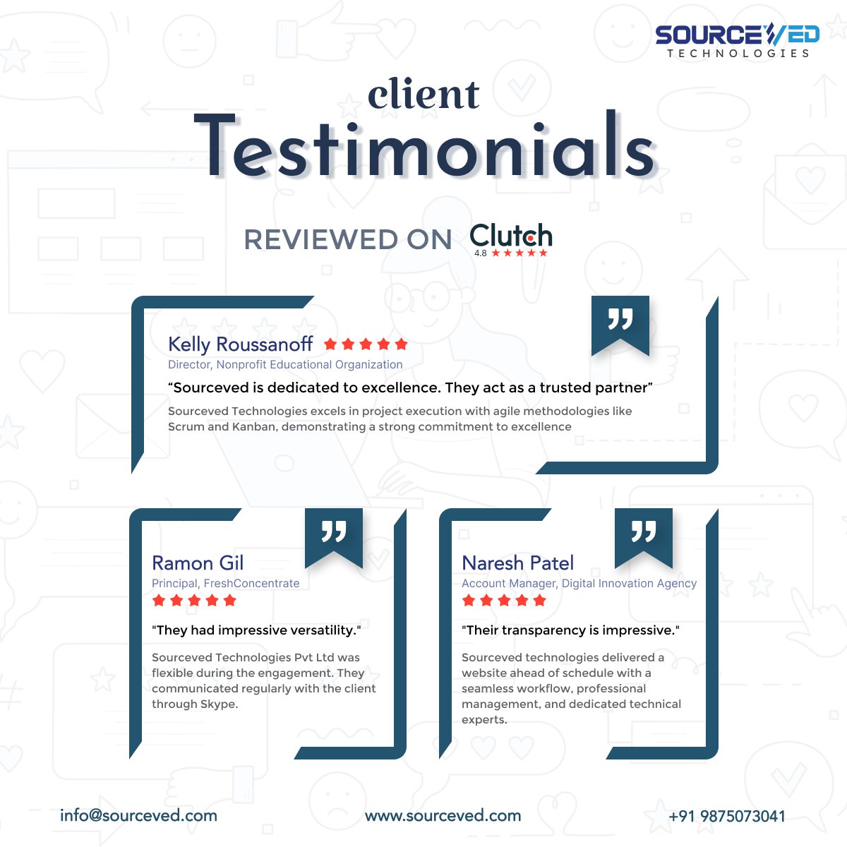Discover the professional feedback from our valued clients about their experiences with Sourceved 

#ClientTestimonials #ProfessionalExperiences #sourceved #sourcevedtechnologies #testimonial #review #clutch #clutchreviews #clientfeedback #clientreviews #reviews #feedback