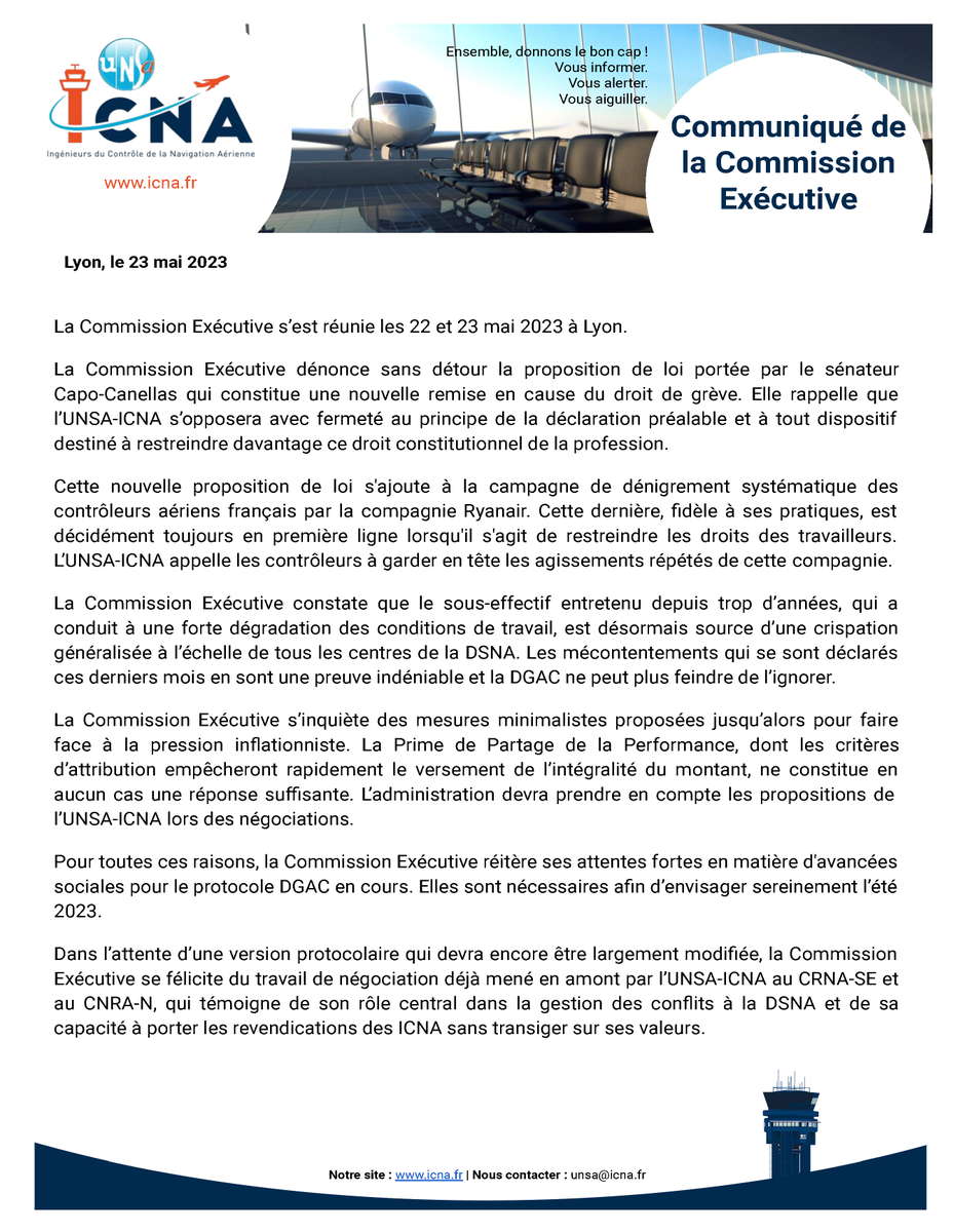 UnsaICNA's tweet photo. Communiqué de la Commission Exécutive de l'@UnsaICNA, réunie les 22 et 23 mai 2023. 
https://t.co/dYs6r8GBTn https://t.co/KFaMFgu4Nw