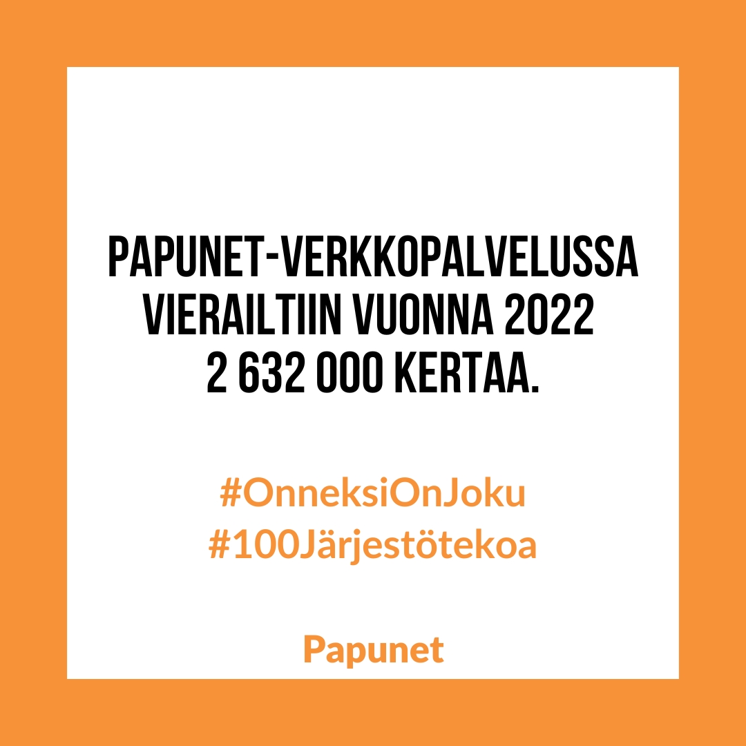 Papunet-verkkopalvelussa vierailtiin 2 632 000 kertaa vuonna 2022.
Tarve kommunikointia tukevalle tiedolle, materiaaleille ja työkaluille on suurta, ja siksi niitä täytyy saada helposti ja maksuttomasti jatkossakin. 1/2
#OnneksiOnJoku
#100järjestötekoa
#Hallitusneuvottelut