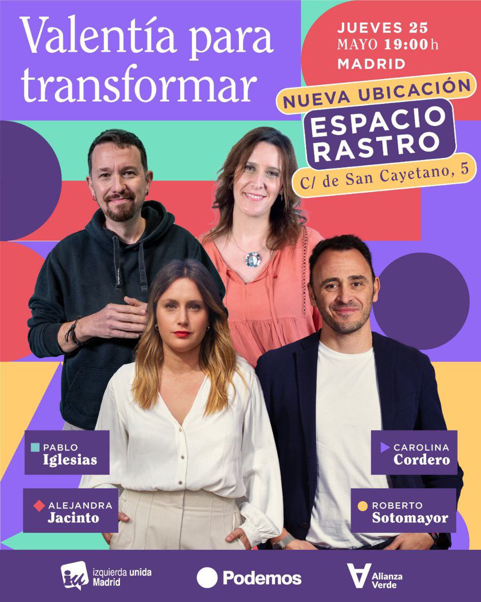 CarolCordero_N's tweet image. Ante la posibilidad de lluvia cambiamos de ubicación, pero con las mismas ganas de seguir empujando hacia el cambio en esta recta final de campaña.

Esta tarde, con @AleJacintoUrang , @RbSotomayor y @PabloIglesias 💪🏼

#ValentiaParaTransformar 
#LaLlaveParaMadrid
