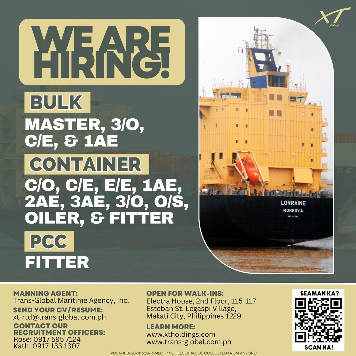 𝗫𝗧 𝗚𝗿𝗼𝘂𝗽 is HIRING!

Send your CV/Resume:
xt-rtd@trans-global.com.ph

POEA-100-SB-111620-R-MLC
'NO FEES SHALL BE COLLECTED FROM ANYONE'

#hiring #careeratsea #maritimejobs #transglobalmaritime