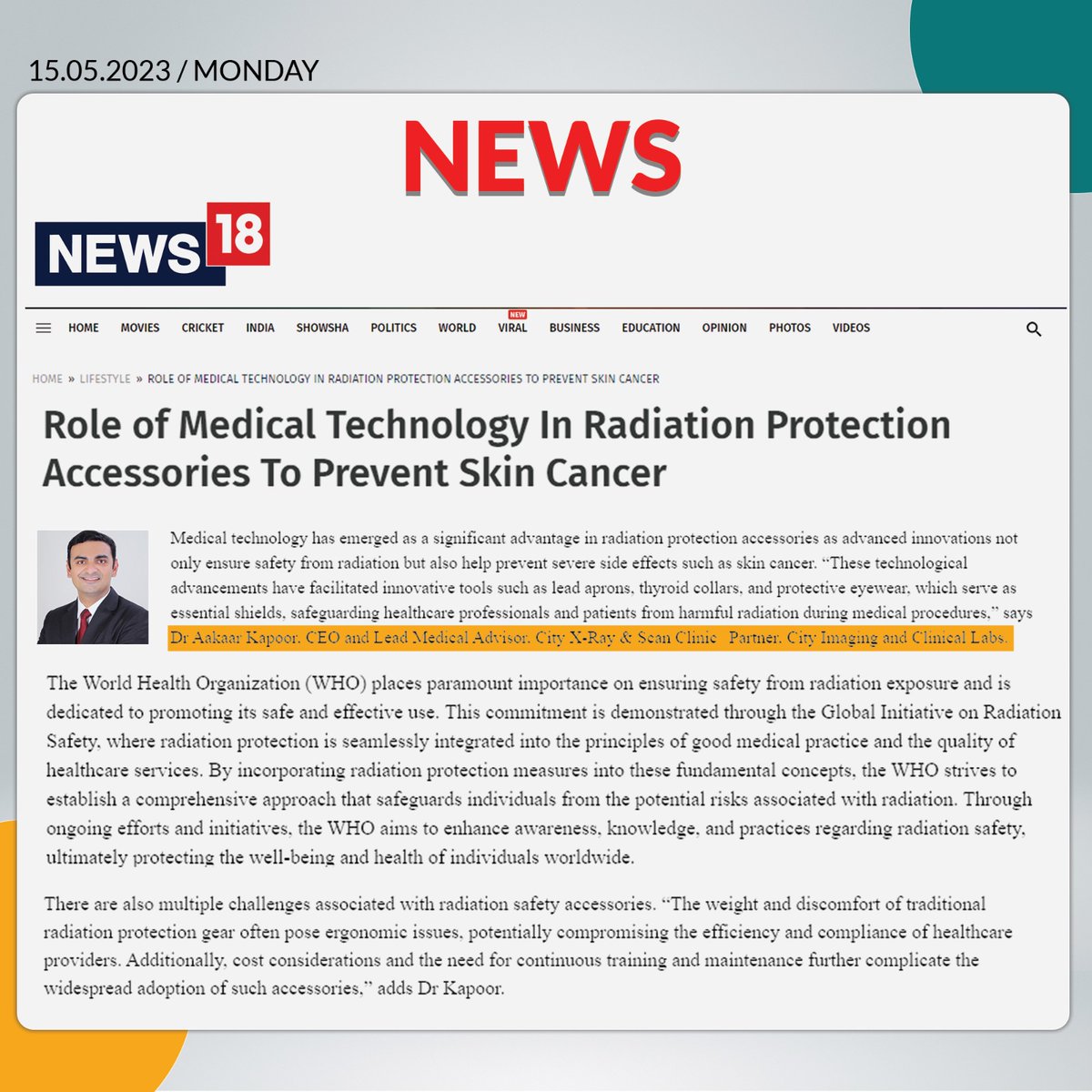 Role of #MedicalTechnology In #RadiationProtection Accessories To Prevent #SkinCancer. I have shared my views with #News18 on this topic.

Click here for more details: news18.com/lifestyle/role…

#HealthcareNews #DiagnosticNews #NewsArticles #DrAakaarKapoor #LabNews #HealthNews