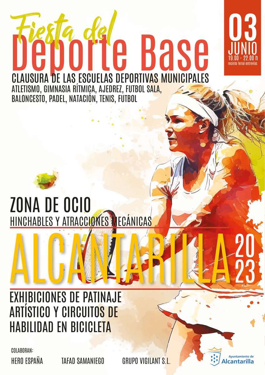 🏃🏽II Fiesta del Deporte Base de #Alcantarilla
🗓️Sábado, 3 de junio, a partir de las 19:00h, en el Recinto de Fiestas
🤸🏼‍♂️Exhibiciones, actividades deportivas y zona lúdica
➕info⬇️
cutt.ly/6wqWI16a
#AlcantarillaEsDeporte