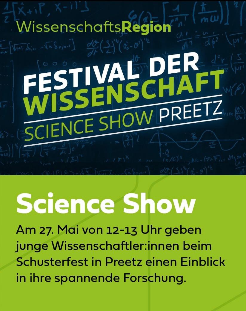 Die Science Show am Samstag in Preetz!
Im Rahmen des Schusterfests geben junge Wissenschaftler*innen am 27. Mai von 12 bis 13 Uhr auf der Hauptbühne am Cathrinplatz einen Einblick in ihre Forschungen.
#UniKiel
#wissenschaftskommunikation