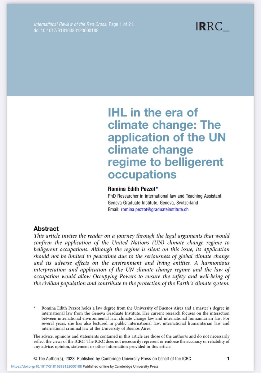 Wondering about the application of the #UN #climatechange regime during #occupations? Have a look to my new paper recently published by the #ICRCReview and @CUP_Law and reach out to me to share your comments!
Cheers! 😊
#environment #IHL #armedconflict @GVAGrad_Law