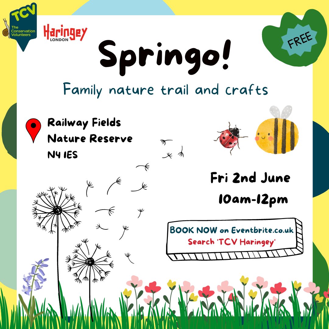 Free half-term activity: come and spot the signs of spring at Railway Fields nature reserve! 
🌼🐞🌱🐝
We'll be making spring crowns, leaf printing, looking out for pollinators and playing Springo along the woodland trails. Ready.... steady.... SpringGO!