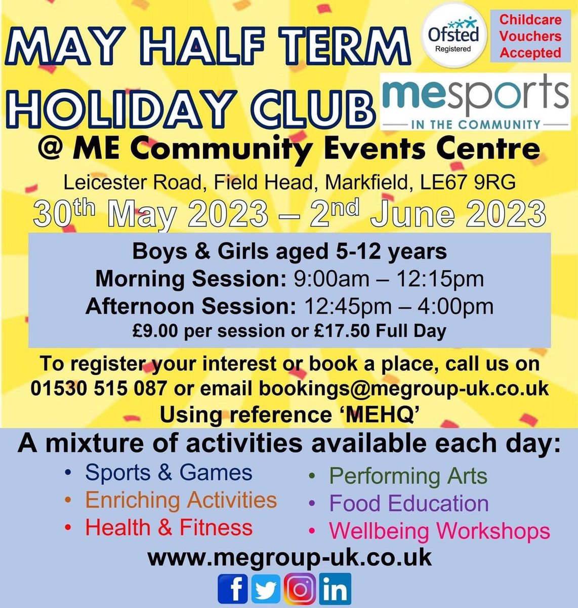 🤩NEXT WEEK🤩

𝗠𝗔𝗥𝗞𝗙𝗜𝗘𝗟𝗗 𝗛𝗢𝗟𝗜𝗗𝗔𝗬 𝗖𝗟𝗨𝗕!
Join us for our May Half-Term Holiday Club at Markfield…Everyone Welcome! 😁

Book NOW to make sure you don’t miss out…01530 515 087 or bookings@megroup-uk.co.uk 

#sports #holidayclubs #performingarts