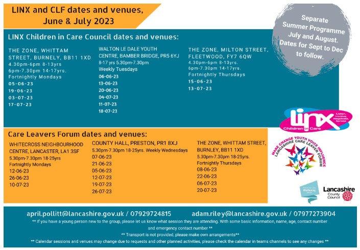 LancsCYPVoice's tweet image. 🦋And finally for #ParticipationPracticeWeek, here are the details of our Children in Care (LINX) and Care Leaver Forum sessions for June and July. 

🩷Contact April and Adam for more information and to support a care experienced child or young person in Lancashire to attend.