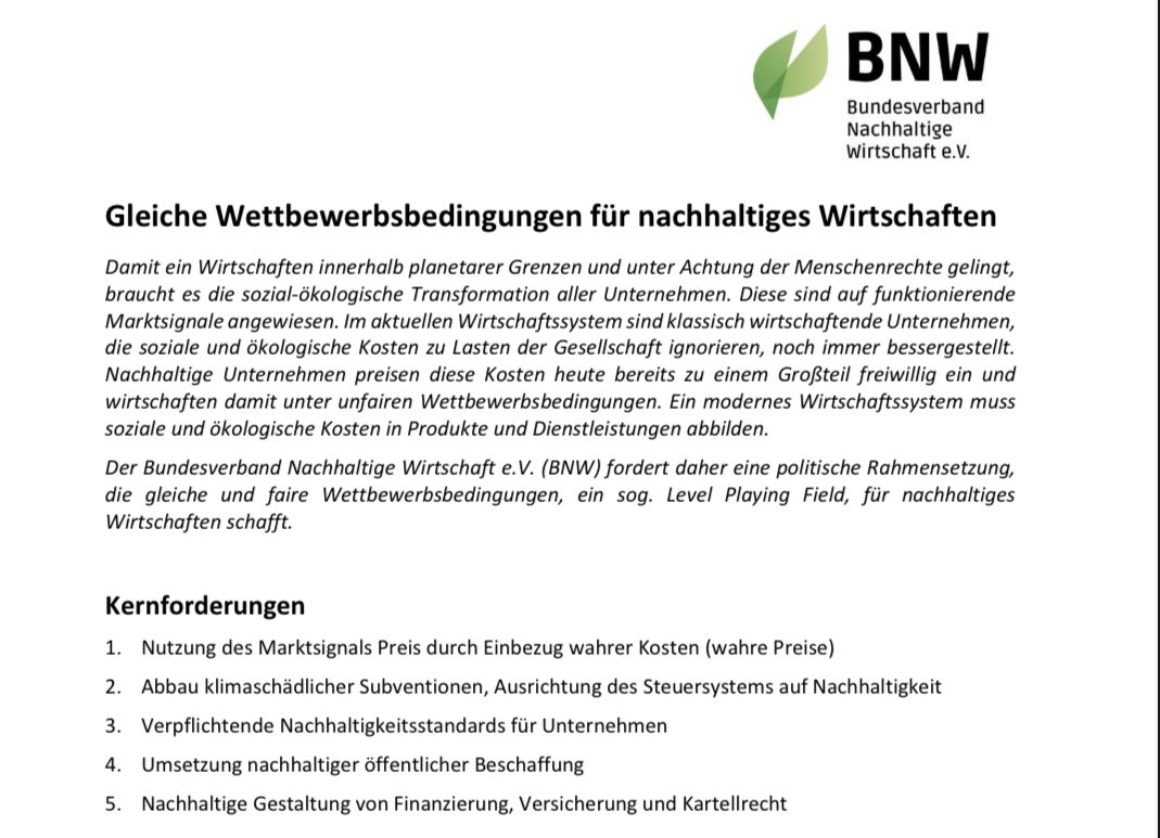 Gleiche Wettbewerbsbedingungen für nachhaltiges Wirtschaften. 🤝 
Unsere Forderungen im neuesten BNW-Positionspapier umfassen u.a.: 

🔸 Abbau klimaschädlicher Subventionen
🔸 Umsetzung nachhaltiger öffentlicher Beschaffung
🔸 Wahre Preise
Zum Papier 👉 bnw-bundesverband.de/sites/default/…