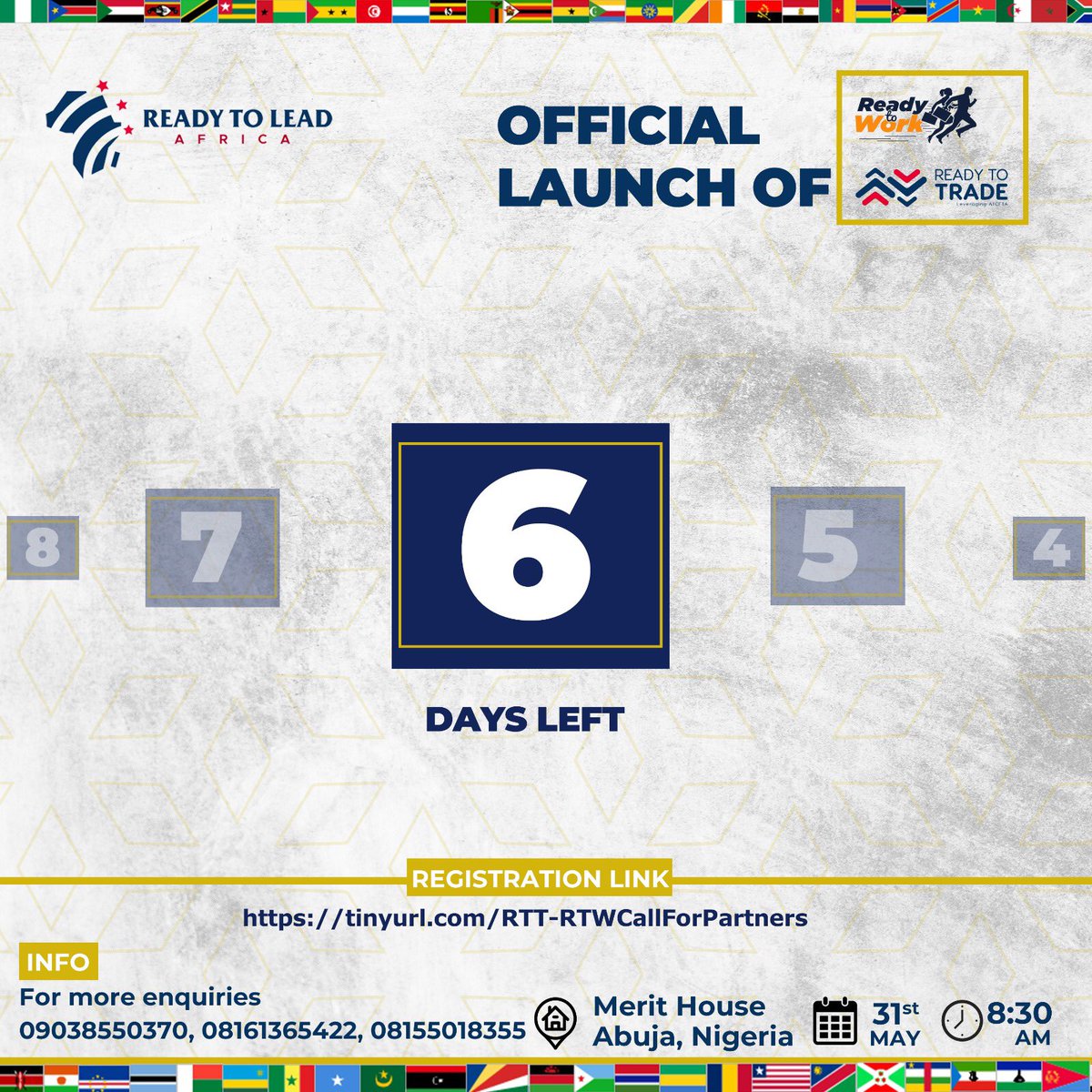 thatababoy's tweet photo. LET'S GO... 6 Days left 
Hurry Now!! 
Reserve YOUR SEAT at the official Launch of the #ReadyToTRADE 📈 and #ReadyToWork 💼 initiatives

Use the link below 👇
https://t.co/fMtXqRDBjR

📅 31st May 2023
🕣 08:30am
📍 Merit House, Maitama, Abuja.
#tradefair2023 https://t.co/Sn5x6JMDbB