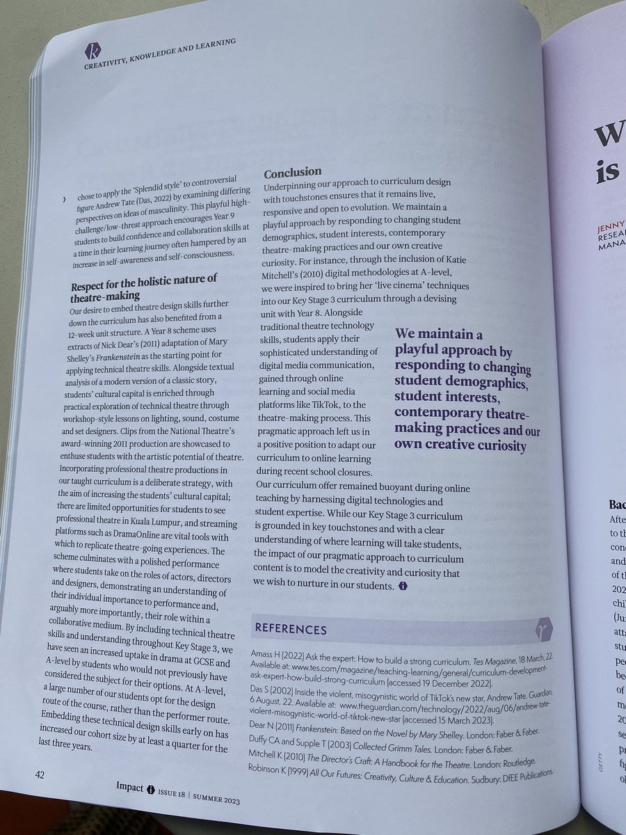 Finally! @CharteredColl Impact Magazine has made its way to Malaysia. So proud to see the article on @AliceSmithSch Drama curriculum in print! #KLASScreativity #curriculumdesign #ArtsForAll