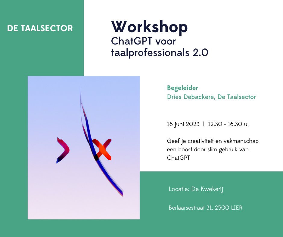 Hoe integreer je als taalprofessional ChatGPT effectief in je dagelijkse taalwerkzaamheden? En wel op zo'n manier dat jij er creatiever en slimmer van wordt en je vakmanschap naar een nog hoger niveau wordt getild?

taalsector.be/cms/4712