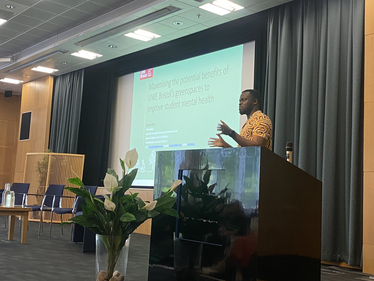 PublicHealthUWE's tweet photo. Samuel Kyei is next up, discussing his background working in research in Ghana, his UK Masters and how it all led to his current research on maximising the potential benefits of UWE’s green spaces to student mental health: https://t.co/xSTa3DHTNM
