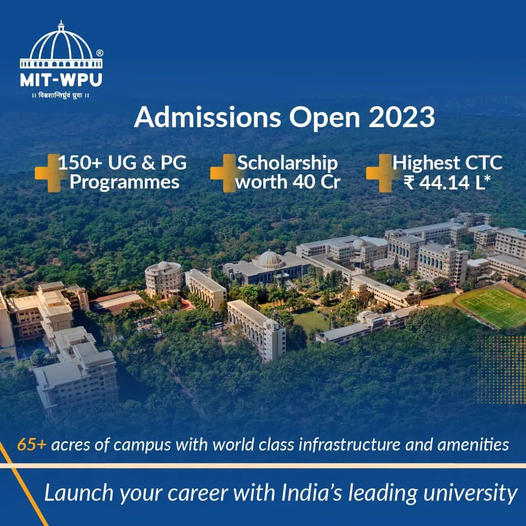 Admissions open at MIT-WPU (Pune) for the year 2023. Highest university package: 44.14 Lakh. 

Apply Now: Link - admissions.mitwpu.edu.in/?utm_source=ja…

#dainikjagran #MITWPU #MITWPUOfficial #WorldPeaceUniversity #WPU #Admission  #TopUniversity #BestUniversity #Bharat #PartnerContent