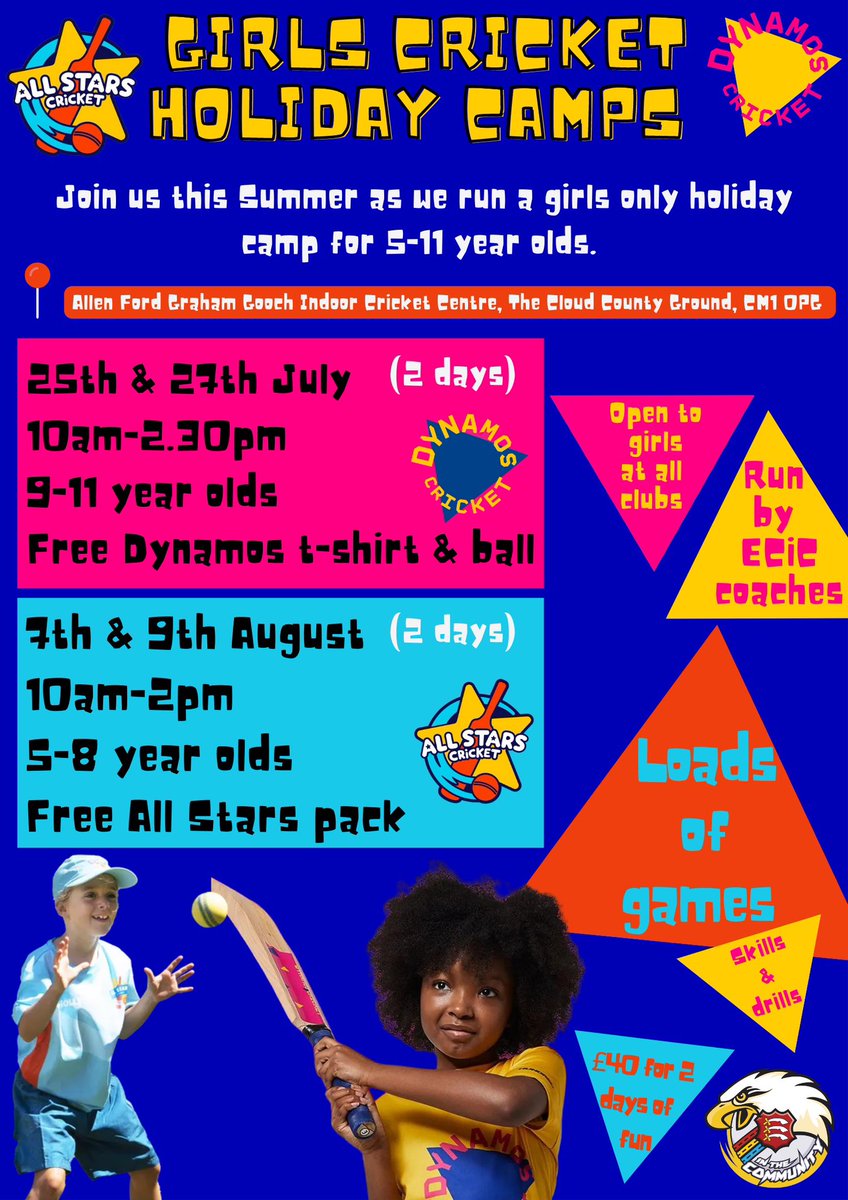 𝗚𝗶𝗿𝗹𝘀 𝗢𝗻𝗹𝘆 𝗛𝗼𝗹𝗶𝗱𝗮𝘆 𝗖𝗮𝗺𝗽𝘀 🚀 💫

8 weeks of <a href="/allstarscricket/">All Stars Cricket</a> &amp; <a href="/DynamosCricket/">Dynamos Cricket</a> fun condensed into 2 days❗️

Open to girls at all clubs wether they have done All Stars or Dynamos before or not. Suitable for girls new to cricket 🏏 

🔗 Links to book are in the